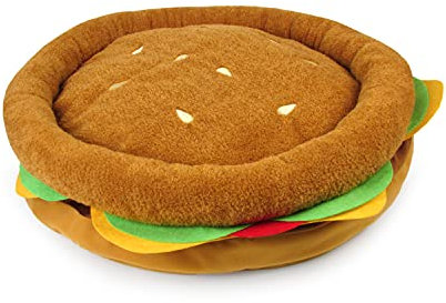 TONBO Kleines weiches Plüschbett, niedliches und gemütliches Hunde- und Katzenbett mit Lebensmittelmotiv, waschmaschinen- und trocknergeeignet (Burger)