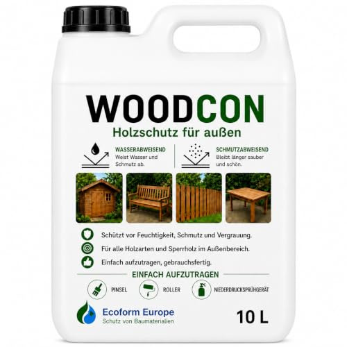 Woodcon Holzversiegelung | Holz und Multiplex wasserabweisend machen | Holzschutz | ergiebig | kein Mattglanz | überstreichbar | 10 liter