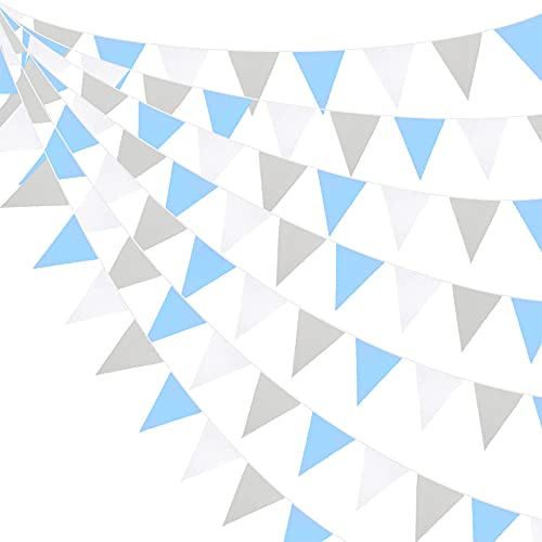 Wimpelkette für Babyparty, 10 m, blau-weiß, Stoff-Wimpelkette, Wimpelkette, dreieckig, Flaggen für Geburtstag, Hochzeit, Jahrestag, Festivals, Elefanten-Party-Dekorationen