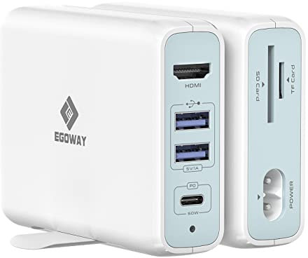 USB C Hub Charger 65W, E EGOWAY 6 in 1 USB 3.0 Hub Docking Station GaN Adapter with 2 USB 3.0 Ports, 4K HDMI Port, SD/TF Card Reader for MacBook Pro Air, iPhone and More