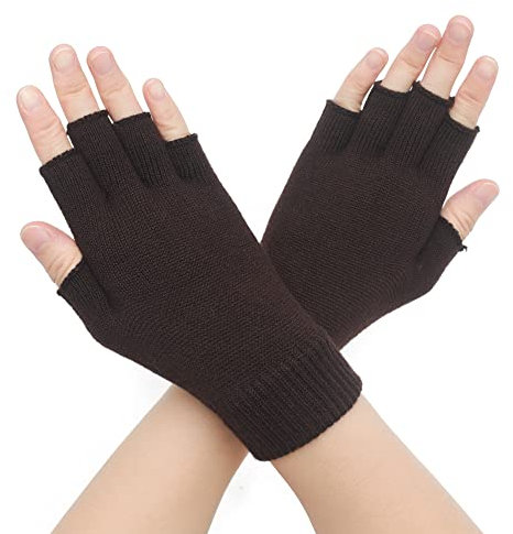 ZLYC Damen Wolle Halbfinger Handschuhe Winter Stricken Fingerlose Handschuhe(Einfarbig Braun)