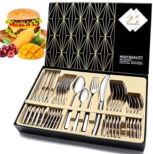 Ménagère de 24 Pièces pour 6 Personnes, Couverts de Table Acier Inoxydable, Ensemble de Couverts avec Couteau, Comprend Couteau, Fourchette, Cuillère, Cuillère à Café, Va Au Lave-Vaisselle