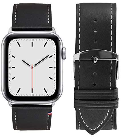 Eternel - Simple tour Bracelet iconique - Compatible toutes Apple Watch - 45/46mm - Fait main en France - Tannage végétal - Noir - Adaptateurs aluminium argent
