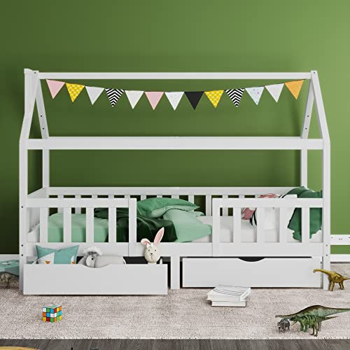 Hausbett 90x200 Spielbett, Vielseitiges Kiefernholz Kinderbett Spielbett für Jungen & Mädchen - Massivholz Kinder Bett mit Rausfallschutz und Lattenrost (Hausbett mit Schubladen), Weiß