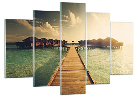 ARTTOR Mehrteilige Bilder auf Glas 150x100cm Glasbild Malediven Ferienhäuser Wasser Groß XXL Wanddeko Schlafzimmer Küche Set 5 teilige Wandbilder Dekoration Wohnzimmer Modern Wand Art GEA150x100-4951