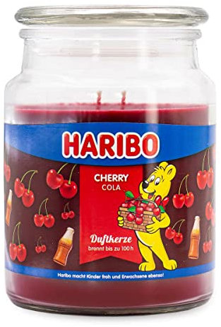 Haribo Duftkerze im Glas mit Deckel | Cherry Cola | Duftkerze Fruchtig | Kerzen lange Brenndauer (100h) | Kerzen Rot | Duftkerze Groß (510g)