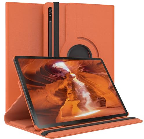 EAZY CASE - Funda para Samsung Galaxy Tab S8 Plus / S7 Plus Protectora Tablet Smart Cover Soporte Giratorio Estuche Plegable 360° rotativo con función Atril Cuero sintético Naranja