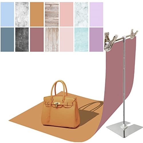 Generic 7Pcs 14Patterns Fotografie Hintergrund Papier mit Stand, 34x23in doppelseitige Foto Tischplatte Backdrops Requisiten für Lebensmittel Schmuck Kosmetik Make-up (Rosa Lila Blau)