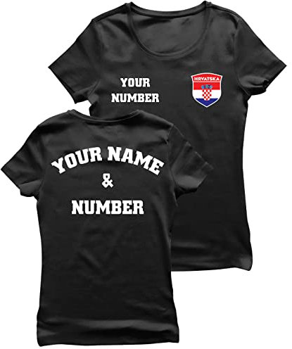 lepni.me Damen Kroatien Fußball T-Shirt mit Ihrem Namen und Nummer | Kroatische Flagge Abzeichen Personalisierte Trikot Weltmeisterschaft 2022 (XL Schwarz Mehrfarben)