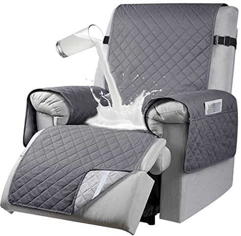 RAPRAP Waterproof Recliner Chair Cover, Sofa Coves with 6 Side Pockets, Anti-fouling 1 Seats Armchair Non-slip Protectors for Adjustable Tightening Straps, Grey (RAPRAP02)
