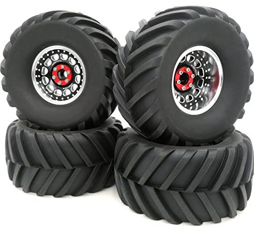 hobbysoul Einstellbare 4 Offsets 2,2 Beadlock Räder und Reifen, Silber Schwarz 2,2 Felgen und Reifen Höhe 5,12'' /130mm Für RC Mud Crawler Trail Traktor Axial Capra Wraith, (4 Stück, montiert)