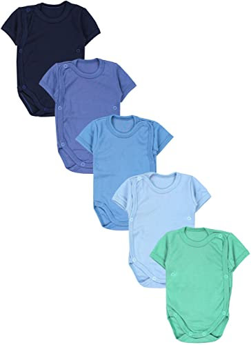 TupTam Baby Body Kurzarm Jungen – Wickelbody Kurzarm aus Baumwolle im 5er Set – OEKO-TEX Zertifiziert, Farbe: Dunkelblau Jeans Blau Mintgrün, Größe: 62