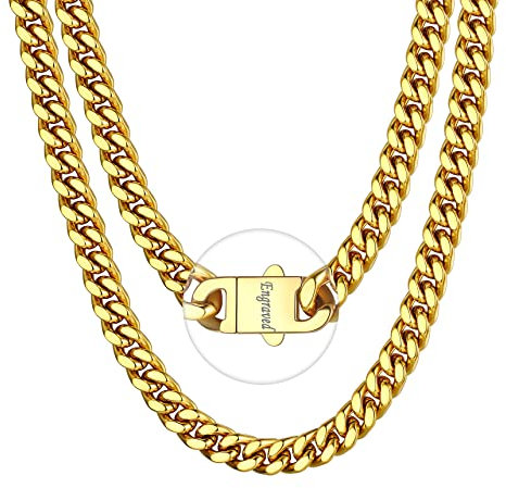 Bestyle Kette Herren Edelstahl goldene Panzerkette 9mm Hip Hop Gliederkette mit Gravur Miami Cuban Link Chain ohne Anhänger Kettenlänge 55cm Personalisiertes Geschenk für Damen Jungen Rapper