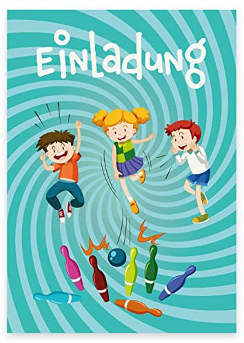 12 Premium Einladungskarten zum Kindergeburtstag + 12 Umschläge, Postkarte, 10,5x14,8cm, mit vorgedrucktem Text auf der Rückseite Einladung Karten Kinder Kids birthday Kegeln