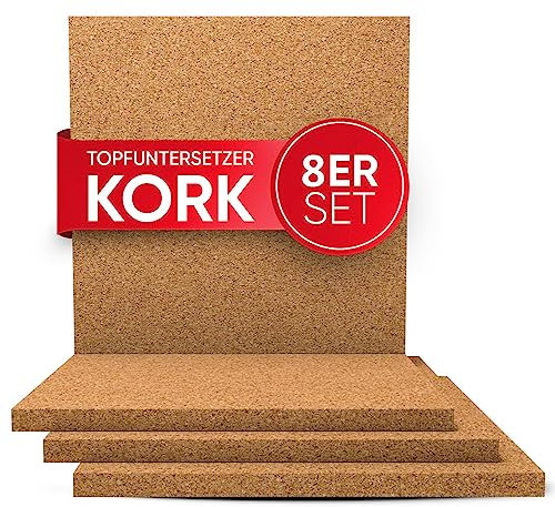 wortek Topfuntersetzer Kork Untersetzer Topf – 8er Set Korkuntersetzer eckig, 19cm Durchmesser - Raclette Untersetzer Topfuntersetzer hitzebeständig Untersetzer Topf Kork