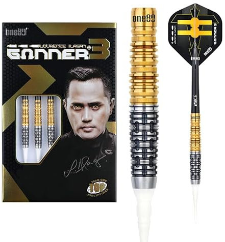 ONE80 Soft Dart Lourence Ilagan The Gunner 3 VHD 90% Tungsten Softtip Dart Softdart Dartpfeile Set mit Schäften und Flights Hochwertige Tungsten Softdarts (Gold, 18 Gramm)