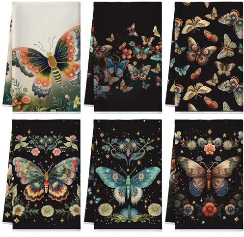 Bencailor 6 Stück Retro-Küchentücher, 40 x 50 cm, Landhaus-Handtücher, dekorativ, saugfähig, Geschirrtuch für Badezimmer, Dekoration zum Kochen, Backen, Reinigung (bunt, Schmetterling)