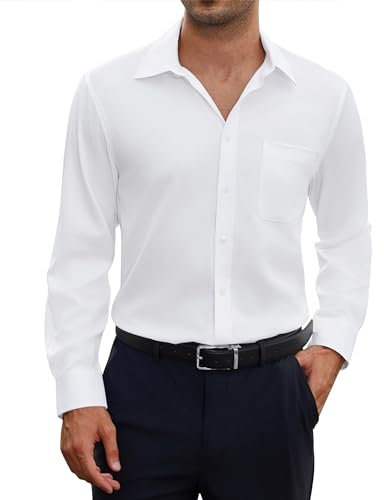 siliteelon Herren Hemd Langarm Weißes Bügelfrei Hemden Weiss Matt Stretch Oberhemd für Männer Weiß Regular Fit Anzug Business Herrenhemd für mit Tasche Büro Arbeit Hochzeit