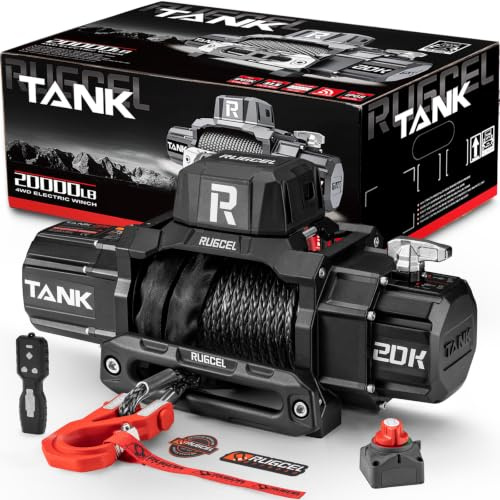 RUGCEL 20000LB Elektrische Seilwinde 12V, 9072KG Bergewinde mit Synthetikseil, IP67 Wasserdicht, für LKW, Traktor, Nutzfahrzeuge, Abschleppwagen, Offroad Fahrzeuge und Forstwirtschaft