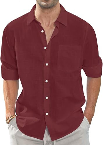 J.VER Men's Linen Cotton Shirts Long Sleeve Regular Fit Casual Solid Lightweight Summer Beach Shirt with Pocket Burgundy L