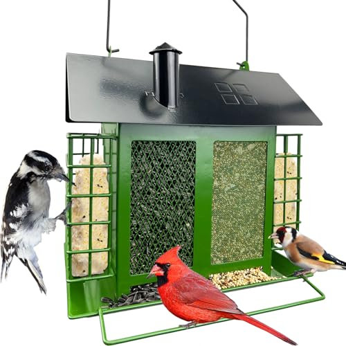 Vogelfutterspender für draußen, Doppelter Talgfutterspender mit 2 Samenschalen für Specht, Kardinalfinken und Wildvögel, wetterfest & langlebig (Grün)