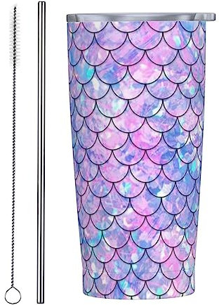 Gambo Rainbow Mermaid Scale Tumbler with Lid and Straw 590.0 g Stainless Steel Vacuum Insulated Tumbler Reusable Coffee Cups Travel Mug