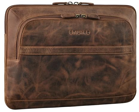 STILORD 'Haven' 2-in-1 Laptop Hülle 14 Zoll Leder Vintage Laptoptasche MacBook Sleeve und Platz für 12,7 Zoll Tablet Tasche Echtleder Schutzhülle, Farbe:mittel - braun