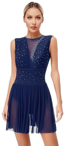 iEFiEL Damen Glitzer Eiskunstlauf Kleid Rückenfrei Tanzkleid Tanzanzug Ärmellose Trikotanzug Gymnastikanzug Tanzbody Navy blau M
