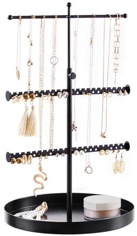 BTGGG Jewellery Stand Jewellery Organiser for Earring Necklace Storage Organiser Height Adjustable Necklace Earring Display Stand with Metal Tray Jewelry Stand Gift for Girls Women,Black