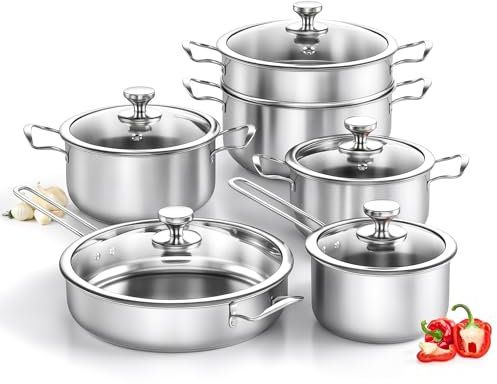 AuFranc® Edelstahl Kochtopfset, 11-Teilig Topfset mit Glasdeckeln und Kühlbleibender Griff, Kochtopf für alle Herdarten & Backofenfest & Spülmaschinenfest, Topf Ungiftig Unbeschichtet (Silber)