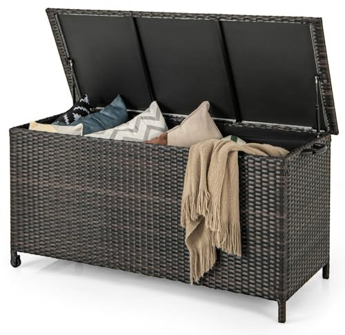 COSTWAY Auflagenbox mit Rollen, Polyrattan Kissenbox, 320 L Kapazität, wasserdicht, UV-beständig, Aufbewahrungsbox XXL, Gartenbox, Gartentruhe für Garten, Balkon, 137 x 56 x 64 cm