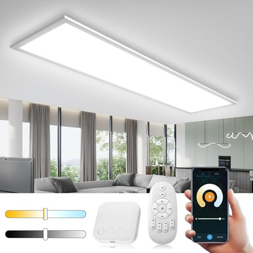 Deckenleuchte LED Dimmbar 100x25CM, 28W Smart LED WIFI TUYA Deckenlampe mit Fernbedienung, App-Steuerung 2700K-6500K Rechteckige Panel, Deckenleuchten mit Memory Funktion für Wohnzimmer, Badezimmer
