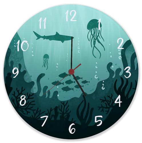 Unterwasserwelt Wanduhr aus Glas Uhr mit Fischen Korallen Hai Qualle für Taucher und Meeresbiologen oder Urlauber, die gerne im Meer Schnorcheln