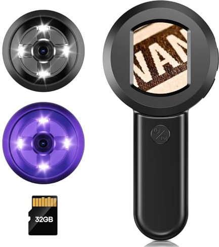 100X Lupe zum Lesen, digitales Vergrößerungsglas mit 2-Zoll-Bildschirm, Münzvergrößerer mit weiß/lila Licht, Juwelierlupe kompatibel mit Windows/Mac, Magnifier mit 32-GB-Speicherkarte