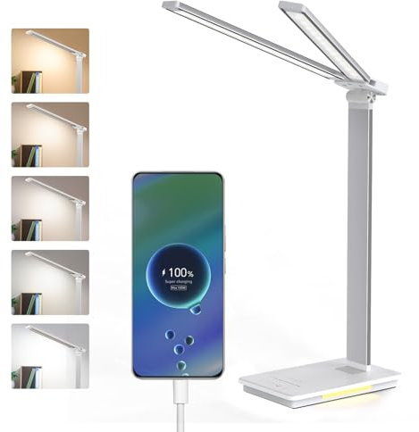 LENDOO Schreibtischlampe, Double Schreibtischlampe Led Dimmbar 700 Lumen, 5 Helligkeitsstufen Dimmbar, 5 Farbmodi,Usb-Ladeanschluss & Eingebaute 2000mah Batterie, für Kinder, Schlafzimmer, Lektüre