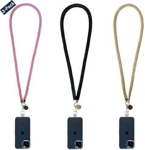 GEMSTRAP Pack de 3 Chaîne Bijoux de téléphone Portable - Collier pour Smartphone - 120 cm - Coton et Polyester - Beige, Noir, Rose avec Mousquetons Argentés et Attache Téléphone Universelle