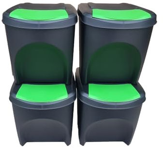 Stolmet Large Stackable Recycling Bins Set of 4x25L (Brand KrysGo) - Customizable Lids with Recycling Stickers - Waste Sorting for Home, Kitchen, Office (Black + Green)