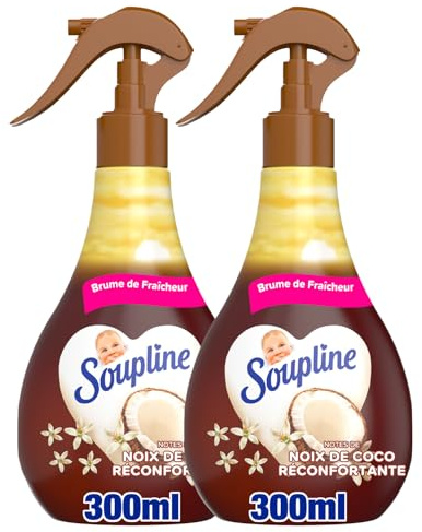 Soupline, Brume de Linge Parfumée, Noix de Coco, Lot 2 x 300 ml | Spray désodorisant textile à base d'eau, Idéal pour linge de maison et vêtements, Brume de fraîcheur