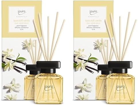 ipuro - Essentials Raumduft Soft Vanilla 50ml | Raumerfrischer mit Vanille, Sandelholz, Lakritz, Pfirsichblüte & Karamell Duft Aroma | Diffuser mit Stäbchen | Lufterfrischer für die Wohnung
