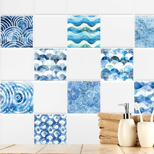 GRAZDesign Fliesenaufkleber Bad Set Maritim, Selbstklebende Klebefliesen, Wasserresistente Fliesenfolie, Einfach Anzubringen blau - 20x25cm / 10 Stück