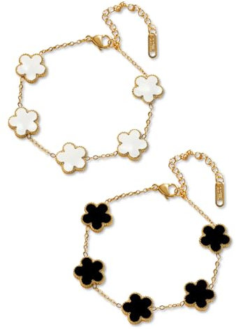TenaLucy 2 Pezzi Bracciale A Forma di Trifoglio,Braccialetto Portafortuna da Donna Parure Gioielli Donna Bracciale Quadrifoglio Porta Super Fortuna Set di Gioielli Regali di Amicizia (Bianco+Nero)