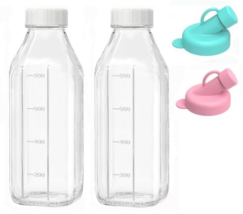 2 Pack 1000ml/33.8oz Glass Milk Bottles with Lid,Reusable Dairy Drinking Bottles with Capacity Mark With 2pcs Silicone Bottle Dispenser for Juices, Dressings, Sauces, Beverages (2 Pack)