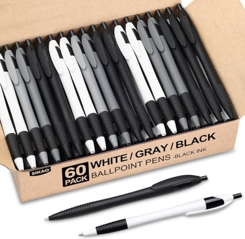 Sikao Kugelschreiber Großpackung, 60er Pack Minimal Slimster Kugelschreiber Schwarz, 1.0mm Mittlere Spitze, Sanftes Schreiben, Klick-Stifte in Weiß Grau Schwarz für Büro, Schule, Lehrer, Studenten
