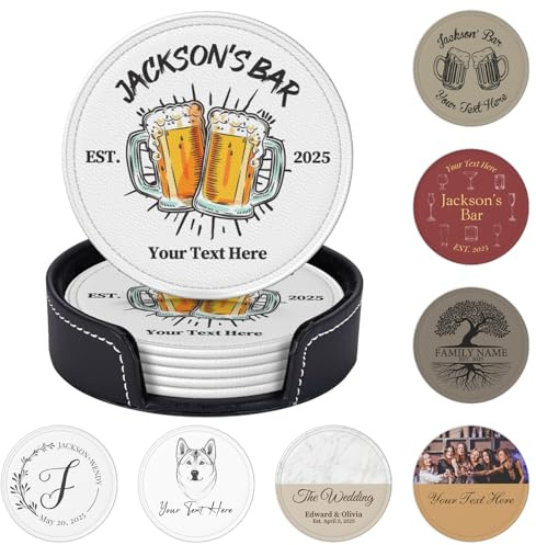 Personalisierte Untersetzer aus Leder 6er-Set personalisierbar Bierdeckel für Zuhause Kneipe, personalisierte PU Leder Untersetzer mit Text, benutzerdefinierte rutschfeste Getränkeunterlage