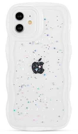 ZTOFERA Funkelnde Klar Wellen Hülle für iPhone 11 (6.1), Weiß | Niedliche Wellenrahmen Handyhülle, Glitzer Sterne Muster, Durchsichtige Weiche TPU, für Frauen Mädchen, Stoßfest Schutzhülle