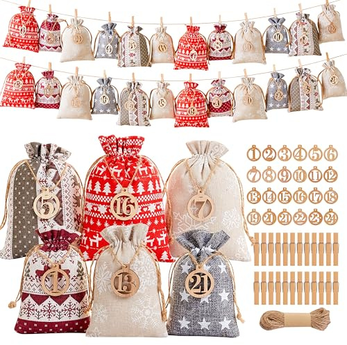 XIANNVXI Roter Adventskalender zum Befüllen Adventskalender 2025 Weihnachtskalender Selbst Rot Befüllen mit Zahlen Stoffbeutel DIY Säckchen Groß (Roter Füllbeutel)