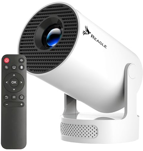 REAGLE R-Movielum-P10 Mini Beamer, Smart Projektor mit Android 14, mit 180° drehbarer Stand Unterstützung von Full HD und 4K 2GB+16GB 130, 260 ANSI, Auto-Keystone ±40°Heimkino Fernbedienung