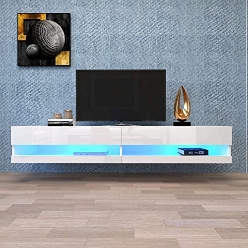 OKMYHOME Meuble TV Suspendu avec LED, 140 cm, Blanc, pour TV 50–60 Pouces | Meuble télé de salon, charge maximale 30 kg, effet marbre, MDF, rangement fermé, niches ouvertes, P 40 × H 30,5 cm