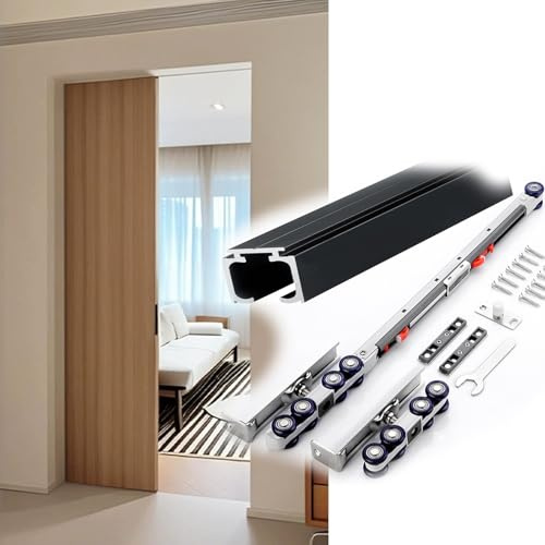 Schiebetür-Beschlag Schiene für Scheunentore/Bypass/Schrank Laufschienen Laufrollen für Schiebetüren Schiebetürsystem mit Sanfter Schließung Deckenmontage 80 kg Belastbar(Schwarz,1.8 m/70.9 in)