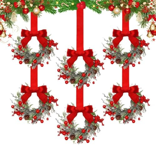 Kleiner Weihnachtskranz, 6 Stück, 15,2 cm, Mini-Weihnachtskränze für Schränke, kleine Schrankkränze für Küchenschrank, Fenster, Tür, Bauernhaus, Weihnachtsfeier, Dekorationen, Kerzenringe, Kamine
